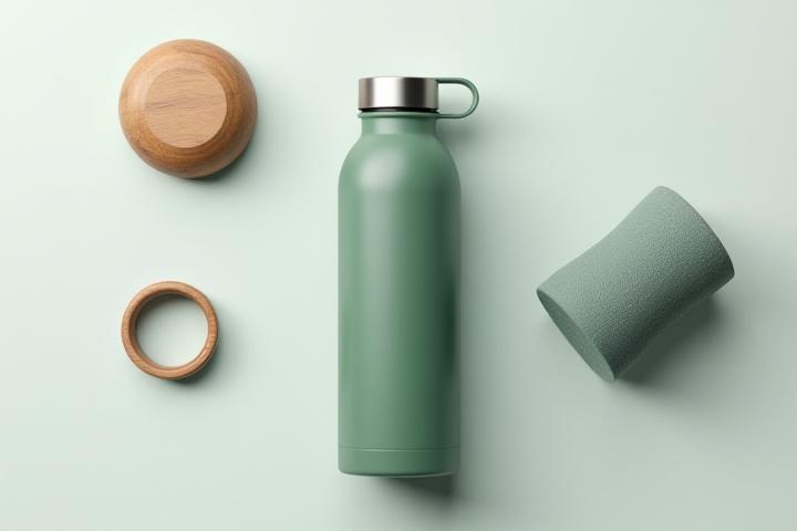 Stylish flat lay of a smart ring, a sleek water bottle, and a foam roller on a light, modern background.